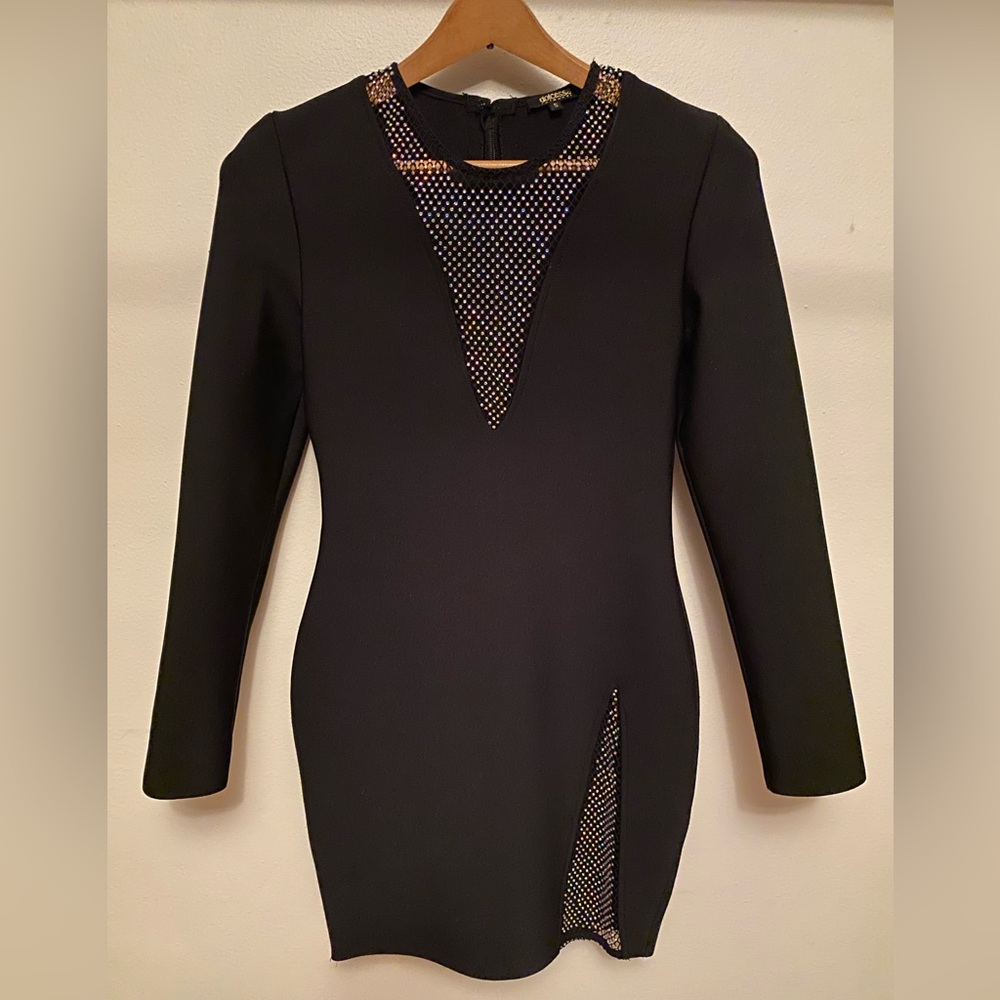 **NWOT**Black Dolcessa bodycon dress, mesh link deep V and side slits-Size Small